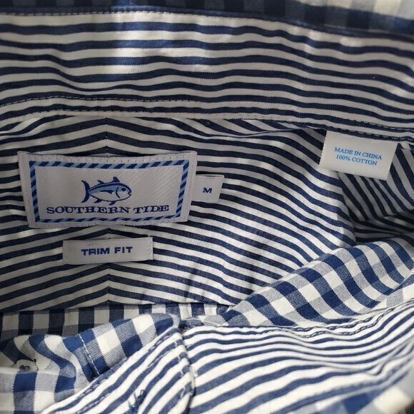 Southern Tide Men's Medium Trim Fit Blue White Checkered Shirt Striped Flip Cuff - Picture 4 of 4